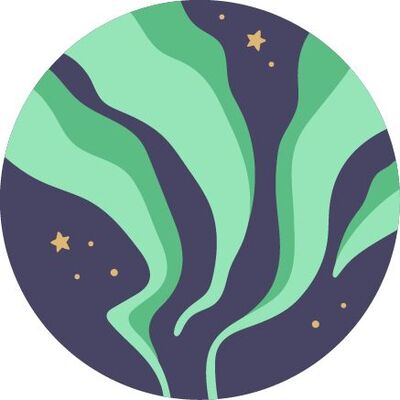 Grüne Nordlichter am dunklen Nachthimmel mit kleinen gelben Sternen im runden Symbol